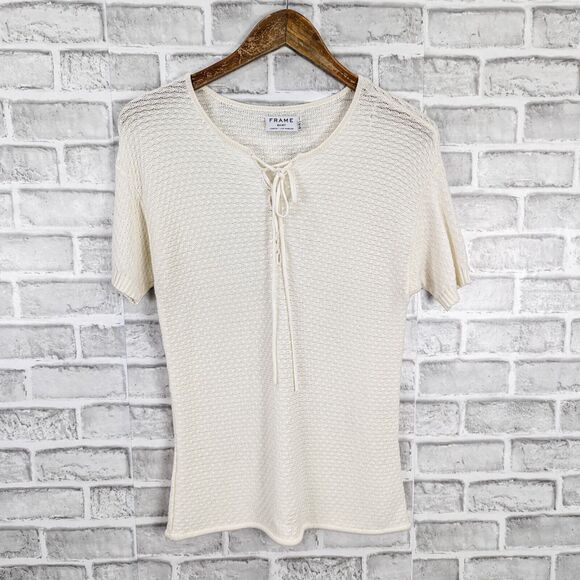 FRAME Women's Le Crochet Lace up Neck Blouse in Beige Size Small - Picture 9 of 9